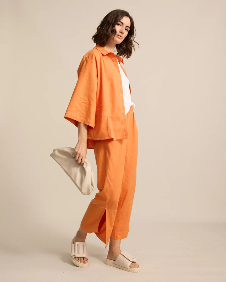 Linen Orange Stitch 3/4 Split Hem Pants - Amberglow Marco Polo 