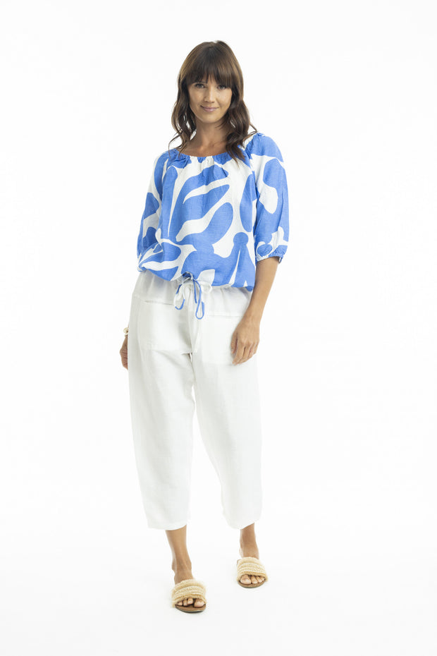 Linen 3/4 Slv Top - Blue