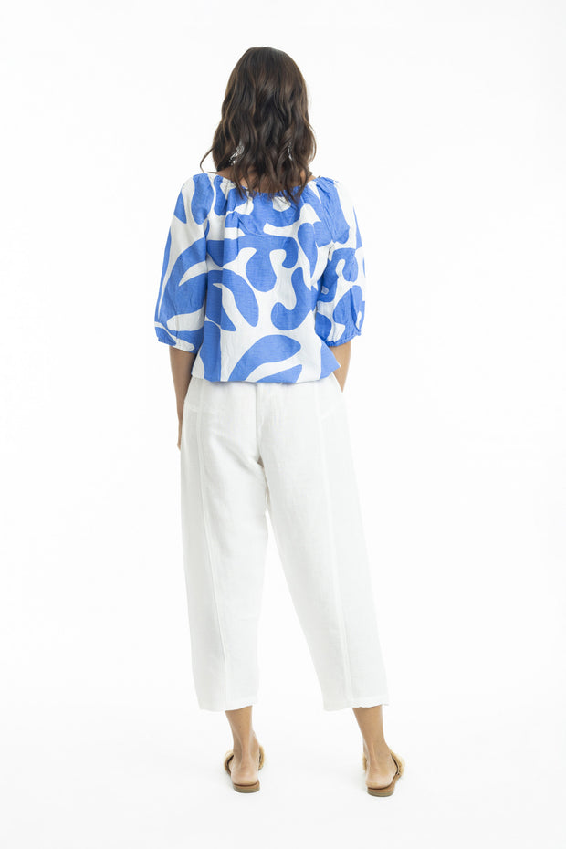 Linen 3/4 Slv Top - Blue