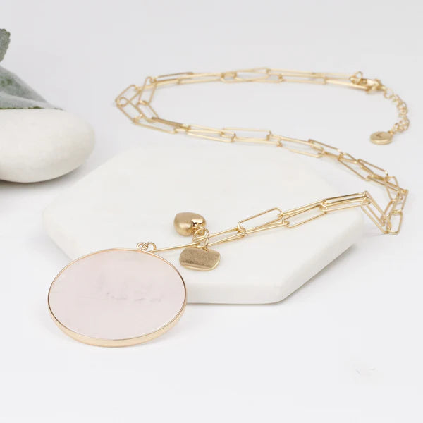 Gold Pink Round Pendant Necklace L 090