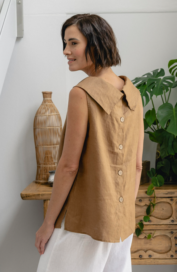 Linen Button Back Top Toffee SeeSaw