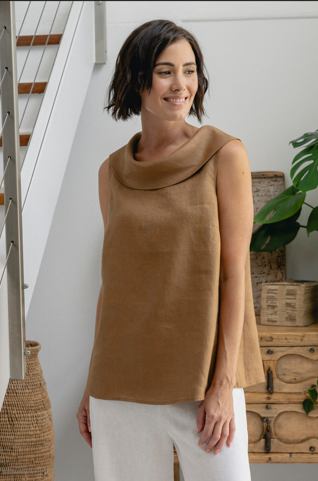 Linen Button Back Top Toffee SeeSaw