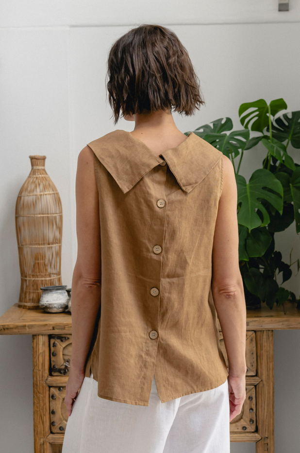 Linen Button Back Top Toffee SeeSaw